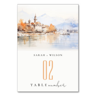 Numeração De Mesa Montreux Suíça Aquarela Paisagem Casamento