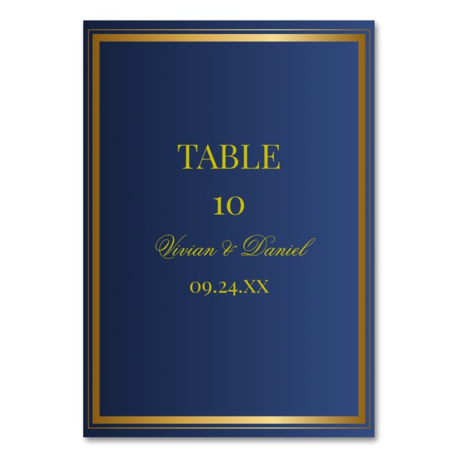Numeração De Mesa Navy and Gold Wedding Table Number Card (Frente)