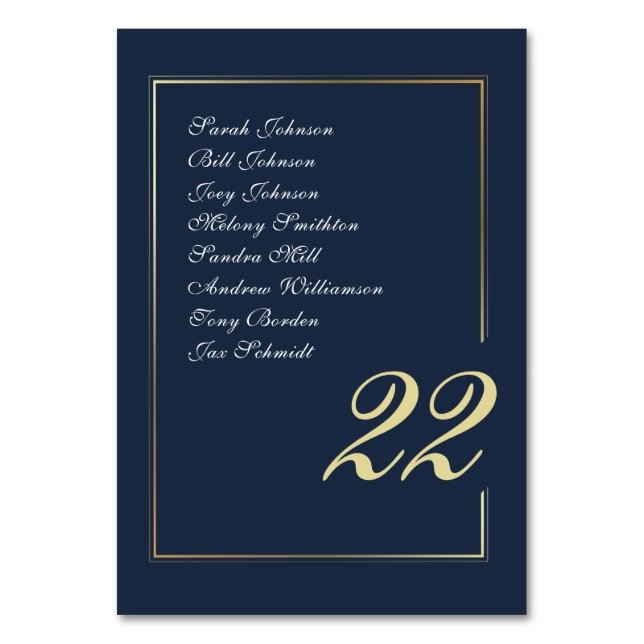 Numeração De Mesa Navy Gold Minimal Script Calligraphy Wedding (Frente)