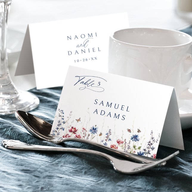 Numeração De Mesa Navy Watercolor Wildflower Foldable Place Card (Navy Watercolor Wildflower Foldable Place Card)