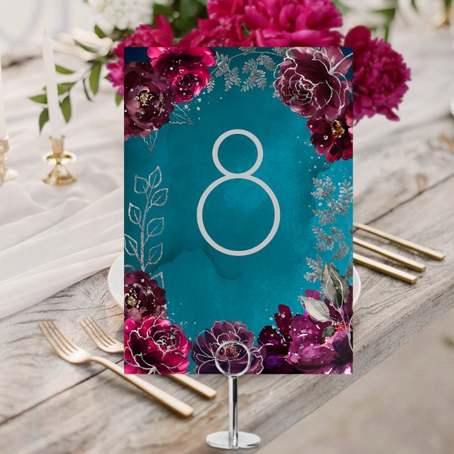 Numeração De Mesa Numero da Mesa de Casamento de Toneladas de Aqua T (Aqua Teal Merlot Jewel Tone Silver Wedding Table Number Card)