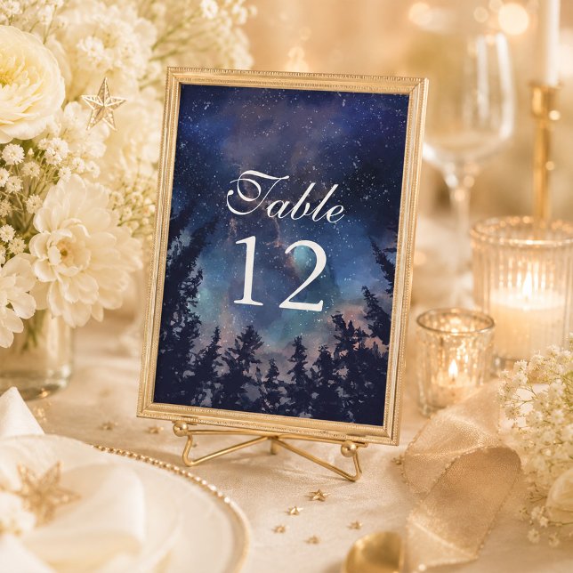 Numeração De Mesa Número da Mesa de Casamento Floresta Estrelada Cel (Starry Night Forest Celestial Wedding Table Number on a celestial wedding table)