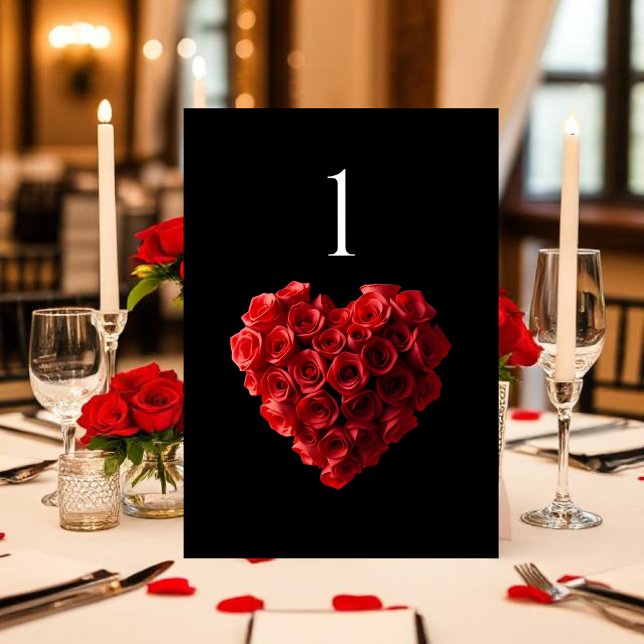 Numeração De Mesa Número da Mesa de Casamento - Rosas Vermelhas em F (Red Roses in the Shape of a Heart Wedding Collection- Black and White)