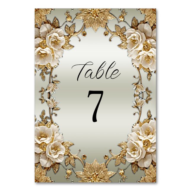 Numeração De Mesa Número da Mesa Flores Brancas Douradas Ornamentada (Frente)