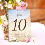 Numeração De Mesa Número da Tabela de Casamento de Praia Tropical de<br><div class="desc">Coloque o perfeito ambiente tropical para o seu casamento com os Números de Mesa de Casamento de Praias Tropicais de Starfish e Conchas Personalizadas. Elegantemente desenhado com amor por Mylini Design, cada número de mesa exumenta uma nova vibração oceânica. A design apresenta uma charmosa estrela que repousa numa praia arenosa,...</div>