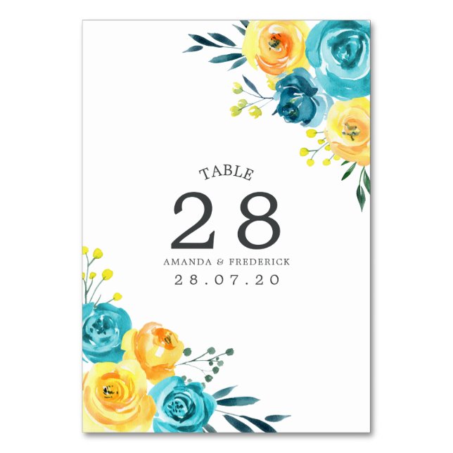 Numeração De Mesa Número da Tabela de Casamento Floral Amarelo e Tur (Frente)