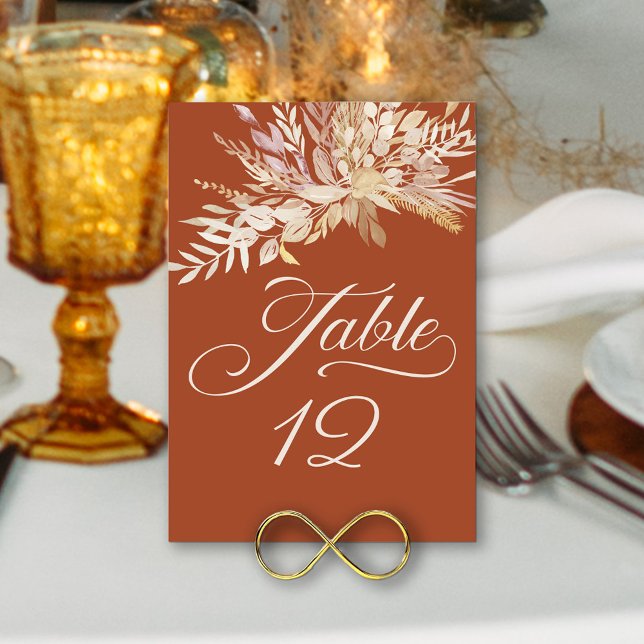 Numeração De Mesa Número da Tabela de Folhagem Botânica do Creme Ter (Wedding Table Number in terracotta and cream with elegant calligraphy and foliage)