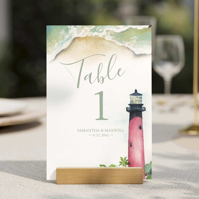 Numeração De Mesa Número da Tabela do Farol de Júpiter de Aquarela (Beach wedding Jupiter lighthouse table number features watercolor art by Victoria Grigaliunas)