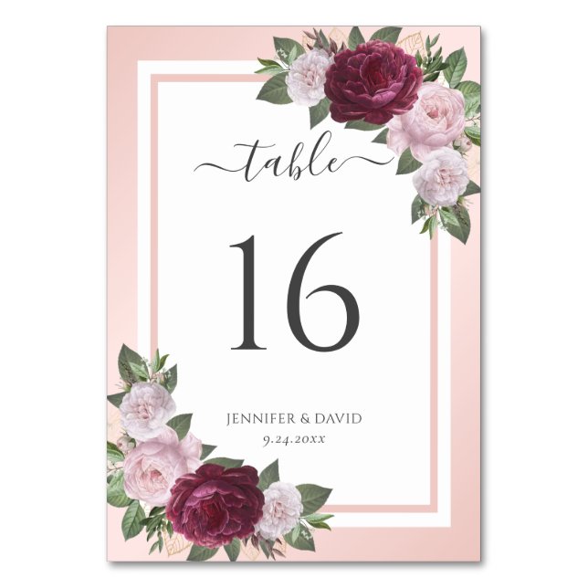 Numeração De Mesa Número da Tabela Floral de Casamento Blush Burgund (Frente)