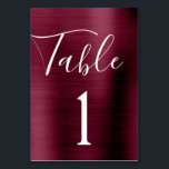 Numeração De Mesa Número da Tabela Metálica de Casamento Roxo-Borgon<br><div class="desc">Roxo Borgonha - Coranberry Marsala Faux Metallic Metal Script Moderno e Elegante Número de Tabela. O número da tabela pode ser atualizado e alterado neste outono ou cartão de Casamento outono burgundy. Este cartão de Número de Tabela faz parte de uma coleção de casamento correspondente e itens adicionais correspondentes podem...</div>