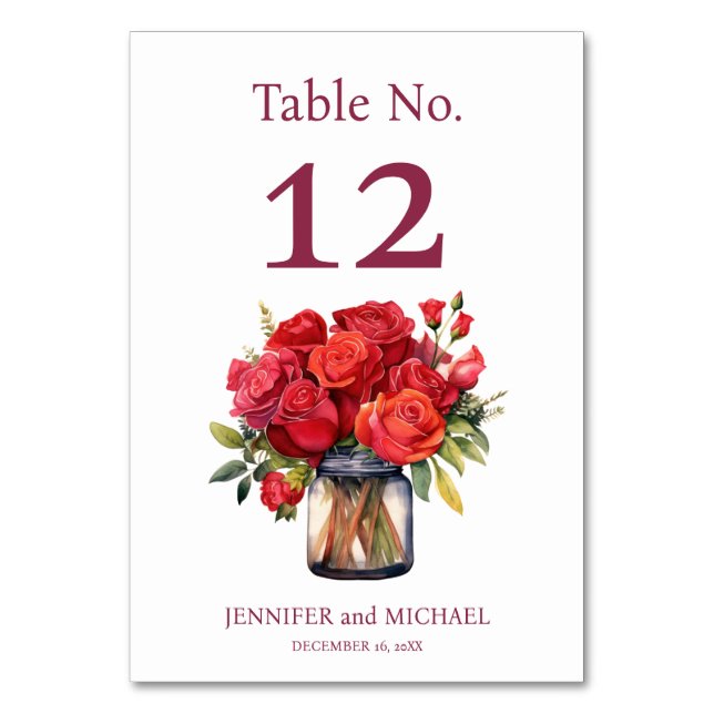 Numeração De Mesa Número de Mesa de Casamento Aquarela Rosas Vermelh (Frente)