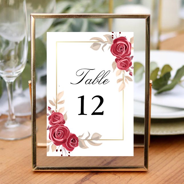 Numeração De Mesa Número de Mesa de Casamento com Moldura Dourada e  (Elegant red floral gold frame table number adds rich elegance while guiding guests.)