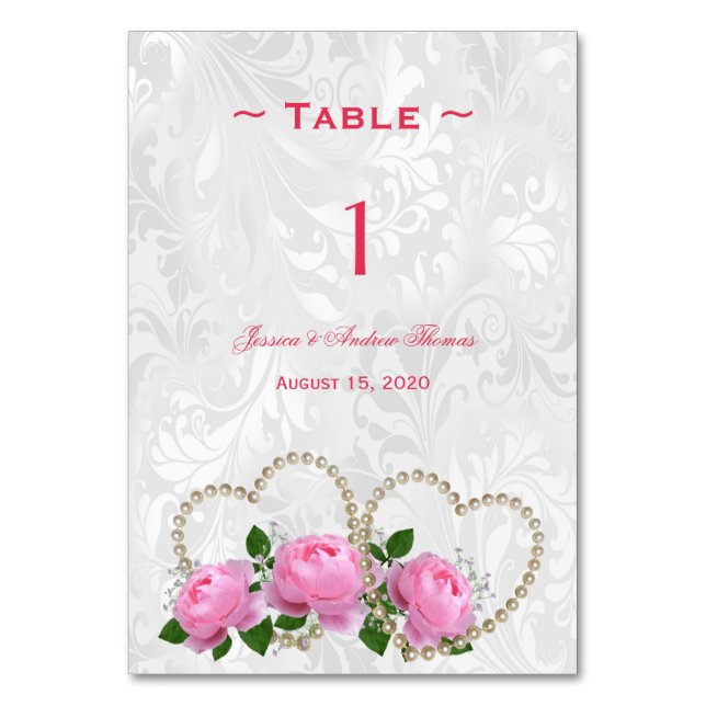 Numeração De Mesa Número de Mesa de Casamento Damask Pérolas Coraçõe (Frente)