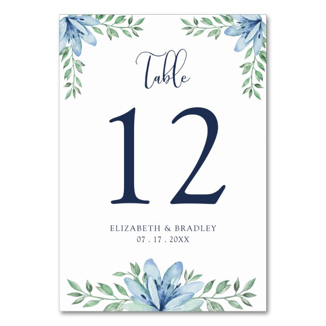 Numeração De Mesa Número de mesa de casamento floral azul em aquarel (Frente)