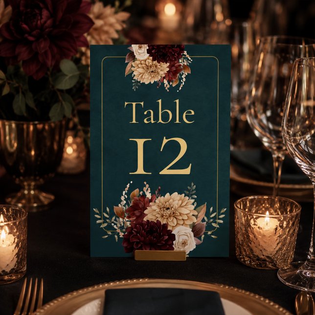 Numeração De Mesa Número de Mesa de Casamento Floral Gótico em Teal  (Dark Teal Floral Gothic Wedding Table Number)