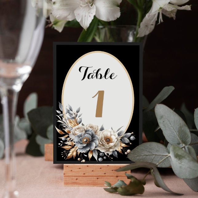 Numeração De Mesa Número de Mesa de Casamento Floral Preto Elegante (Elegant Black Gold Floral Wedding Table Number Card)