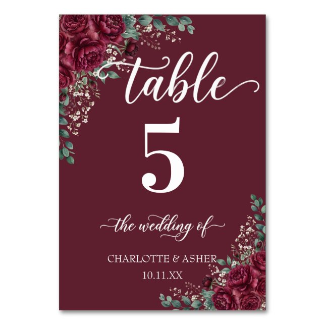 Numeração De Mesa Número de Mesa de Casamento Rosa Borgonha Eucalipt (Frente)