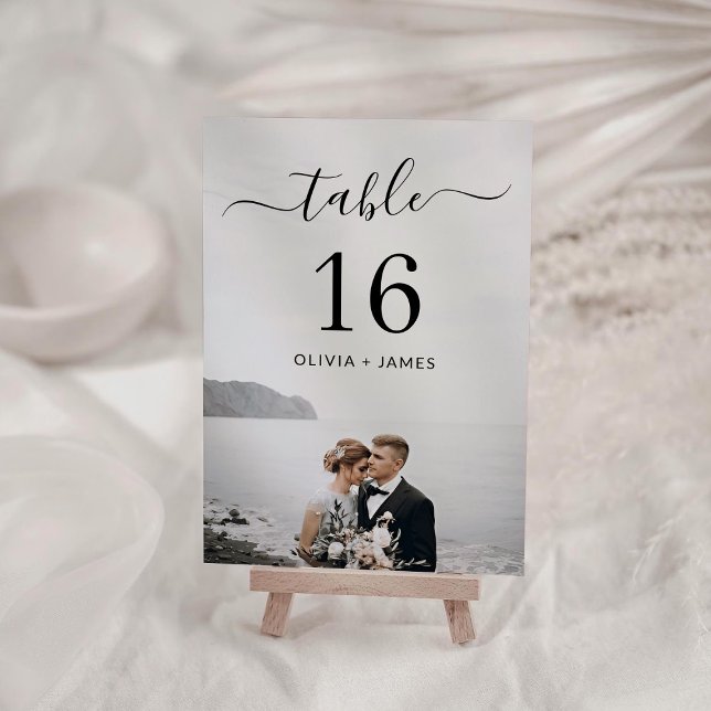Numeração De Mesa Número de Mesa de Foto de Casamento com Caligrafia (Modern Calligraphy Wedding Photo Table Number)