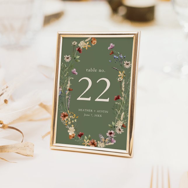 Numeração De Mesa Número de Mesa Floral Boho (Sage Green Watercolor Boho Floral Table Number with Butterfly by Painted Paperie
)