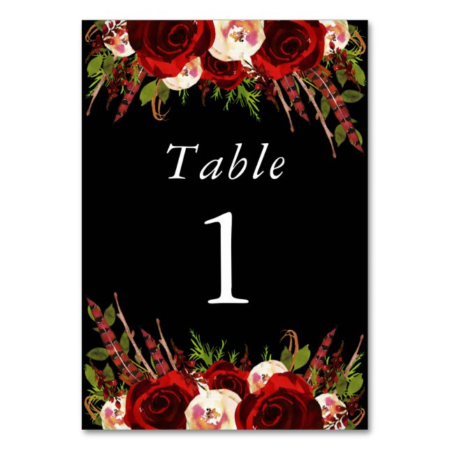 Numeração De Mesa Número de Mesa Floral Boho Preto Borgonha (Frente)