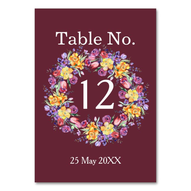 Numeração De Mesa Número de Tabela de Wreath Floral Watercolor (Frente)