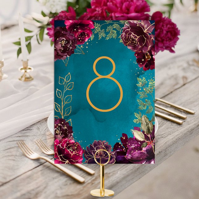 Numeração De Mesa Número de Tabela Dourada de Toneladas de Merlot de (Aqua Teal Merlot Gold Jewel Tone Wedding Table Number Card)