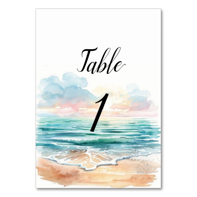 Numeração De Mesa Números de Mesa com Tema Mar em Aquarela Moderna (Frente)