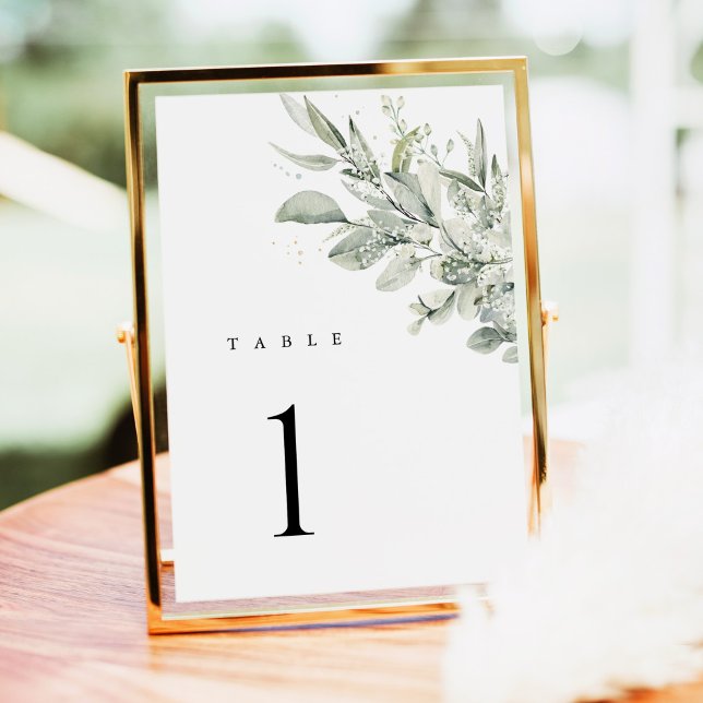 Numeração De Mesa Números de Mesa de Casamento Botânico Verde Sage (Sage green botanical wedding table number card, eucalyptus greenery, gold frame table display)