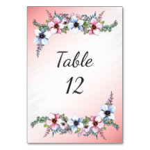 Números de mesa em aquarela flores rosa