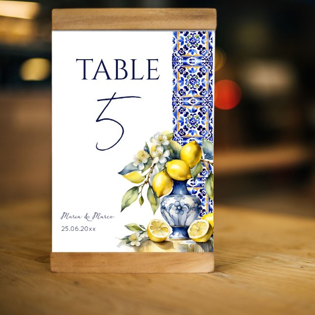 Numeração De Mesa Números de tabela dos limões dos azulejos azuis it (Amalfi Italian Mediterranean blue tiles lemons ceramic vase  table numbers personalized tableware)