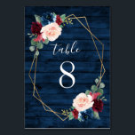 Numeração De Mesa Números de Tabelas de Casamento de Blush Dourado m<br><div class="desc">Cartões de Número de Tabela Caseira de Casamentos Azul Brilhante Dourada Blush Pink País Cor-de-Rosa - apresentam um celeiro azul-marinho escuro ou fundo de grãos de madeira decorado com uma estrutura geométrica de ouro impressa que é aparada com elementos florais e verdes em tons de marinho, rosa, burgundy e muito...</div>