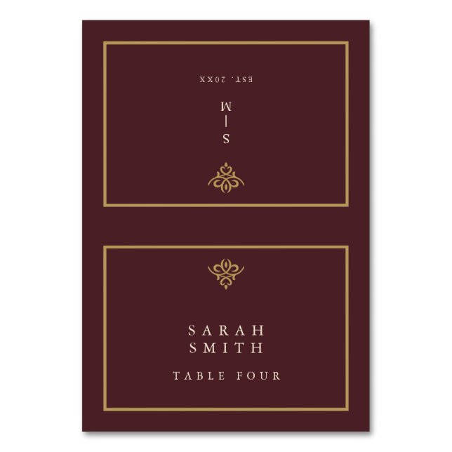 Numeração De Mesa Old Money Burgundy Wedding Table Place Card (Frente)