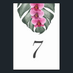 Numeração De Mesa Orquídea Rosa Quente no Casamento Tropical de Mons<br><div class="desc">Um belo esquema de cores neutro para um casamento temático tropical, este design de número de mesa apresenta um trio de rosa quente vibrante - orquídeas fúcsias numa grande folha de Monstera. As aquarelas vívidas adicionam uma qualidade artística à design. Simples e elegante com um olhar minimalista enérgico pelos elementos...</div>
