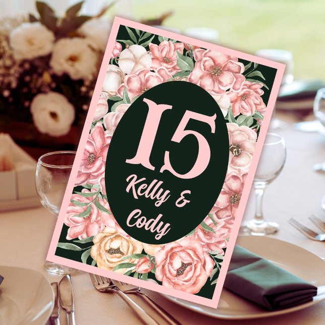 Numeração De Mesa Oval da Flor Rosa e Beige no Casamento Verde Profu (Criador carregado)
