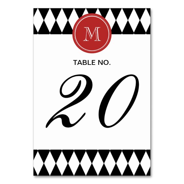 Numeração De Mesa Padrão de Harlequin branco preto, monograma vermel (Verso)