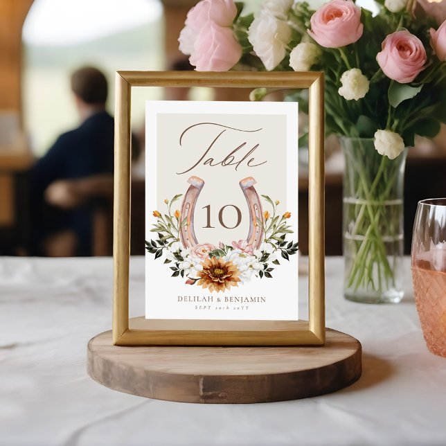 Numeração De Mesa País Ocidental Ferradura da Água Fresco Floral (Country Western Horseshoe Watercolor Floral Crest Table Number)