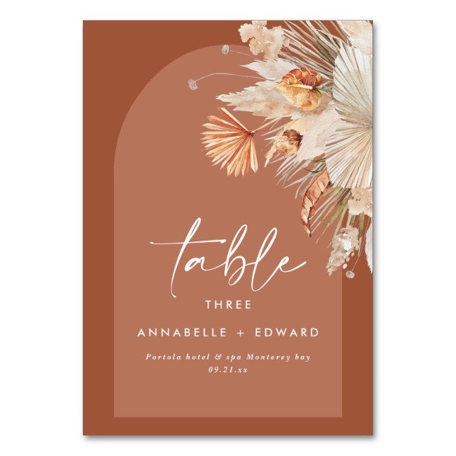 Numeração De Mesa Pampas herbáceas terracotta floral moderno (Frente)