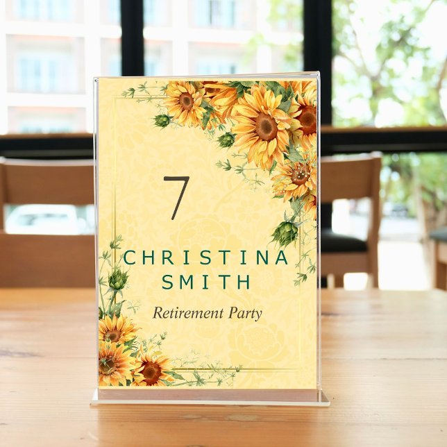Numeração De Mesa Partido de Aposentação de Cores Aquáticas de Giras (Sunflower Elegant Watercolor Retirement Party Table Number)