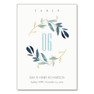 Numeração De Mesa PATERCOR DE LAVAGEM Dourada AZUL WATERCOLOR WREATH