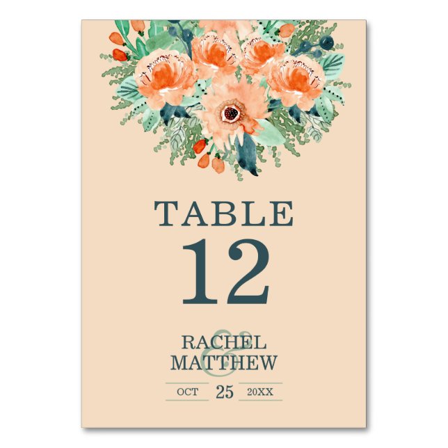 Numeração De Mesa Peach Floral Watercolor (Frente)