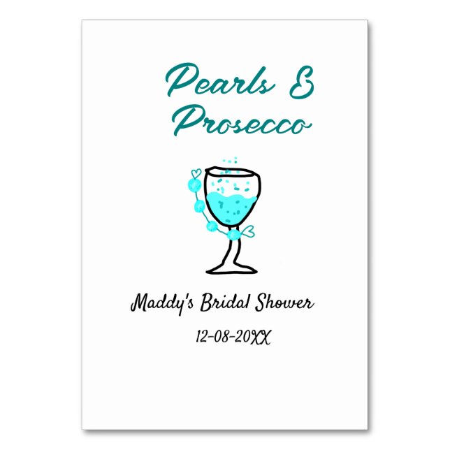 Numeração De Mesa Pearls and prosecco bridal shower blue black name  (Frente)