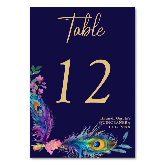 Numeração De Mesa Penas e flores de peacock Quinceañera (Frente)