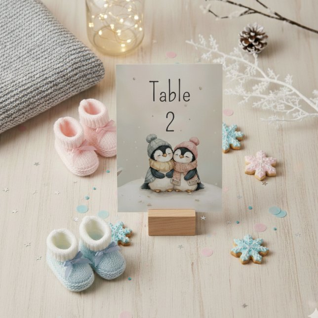 Numeração De Mesa Penguin Twins Winter Wonderland Baby Shower  (Criador carregado)