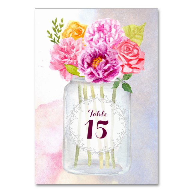 Numeração De Mesa Peonias de Aquarela Rosas Rustic Mason Jar Wedding (Frente)