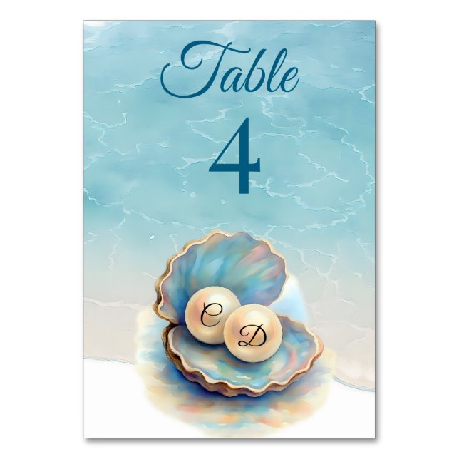 Numeração De Mesa Pérolas de Casamento de Praia Shell Elegant Ocean  (Frente)