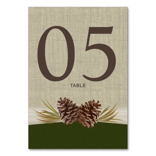 Numeração De Mesa Pine Cones e Burlap Green Table Number Card (Frente)