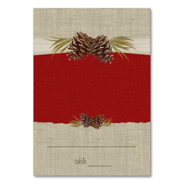 Numeração De Mesa Pine Cones e Burlap Red Seating Card (Frente)