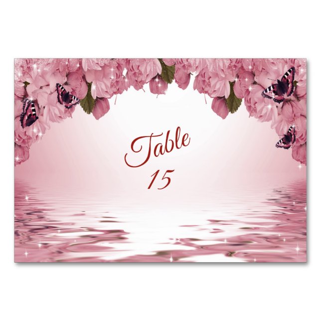 Numeração De Mesa Pink Floral Nature Butterfly Outdoor Wedding Party (Frente)
