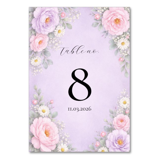 Numeração De Mesa Pink Lavender Floral Table Number Cards  (Frente)