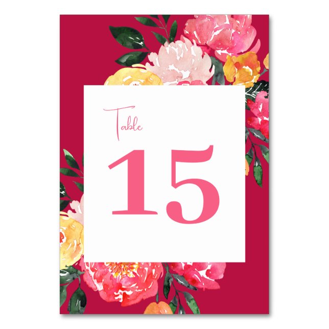 Numeração De Mesa Pink Peony Boquet Floral sobre Casamento Verde (Frente)